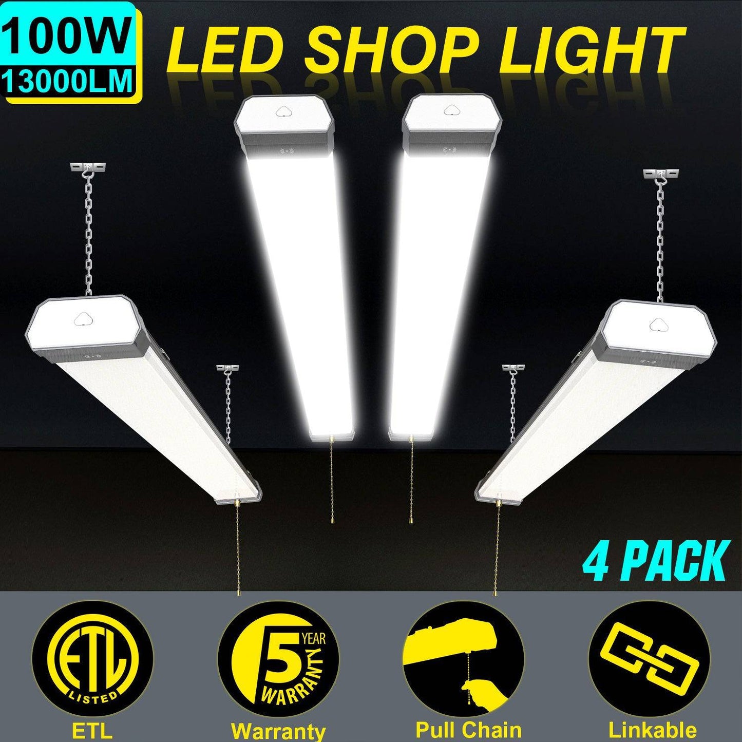 100W Linkable LED Shop Light | 4FT 13000LM 5000K | With Plug | 120V LED Garage Ceiling Workshop Light | ON/Off Pull Chain | Suspended & Flush Mount - Lumens Depot