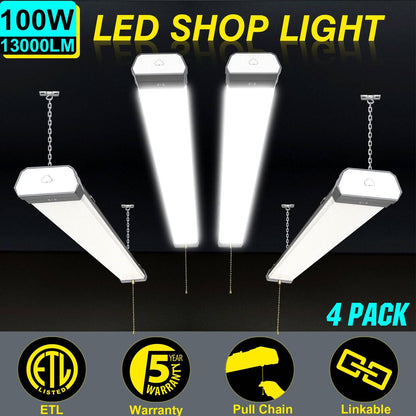 100W Linkable LED Shop Light | 4FT 13000LM 5000K | With Plug | 120V LED Garage Ceiling Workshop Light | ON/Off Pull Chain | Suspended & Flush Mount - Lumens Depot