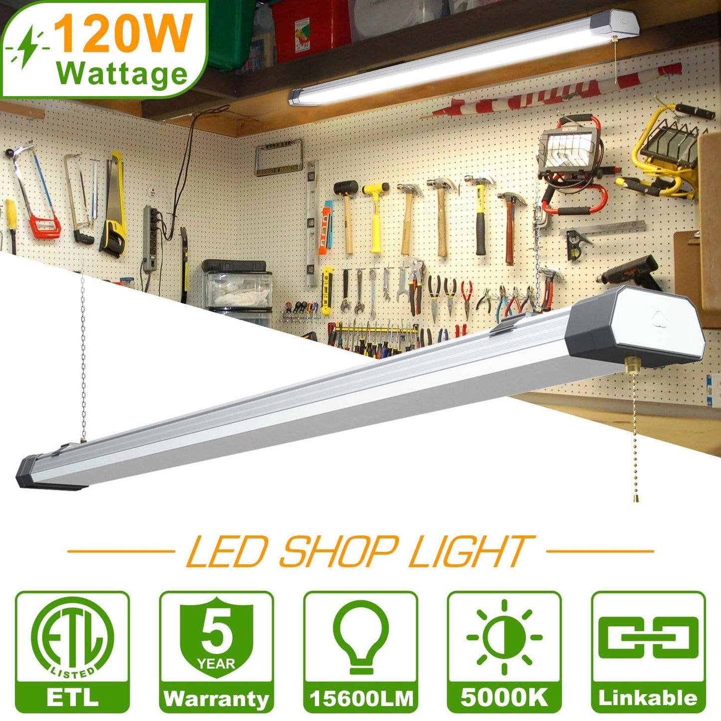 120W LED Shop Light, 4FT, 15600LM, 5000K, Linkable, With Plug, 120V±10%, ON/Off Pull Chain, Suspended & Flush Mount - Lumens Depot