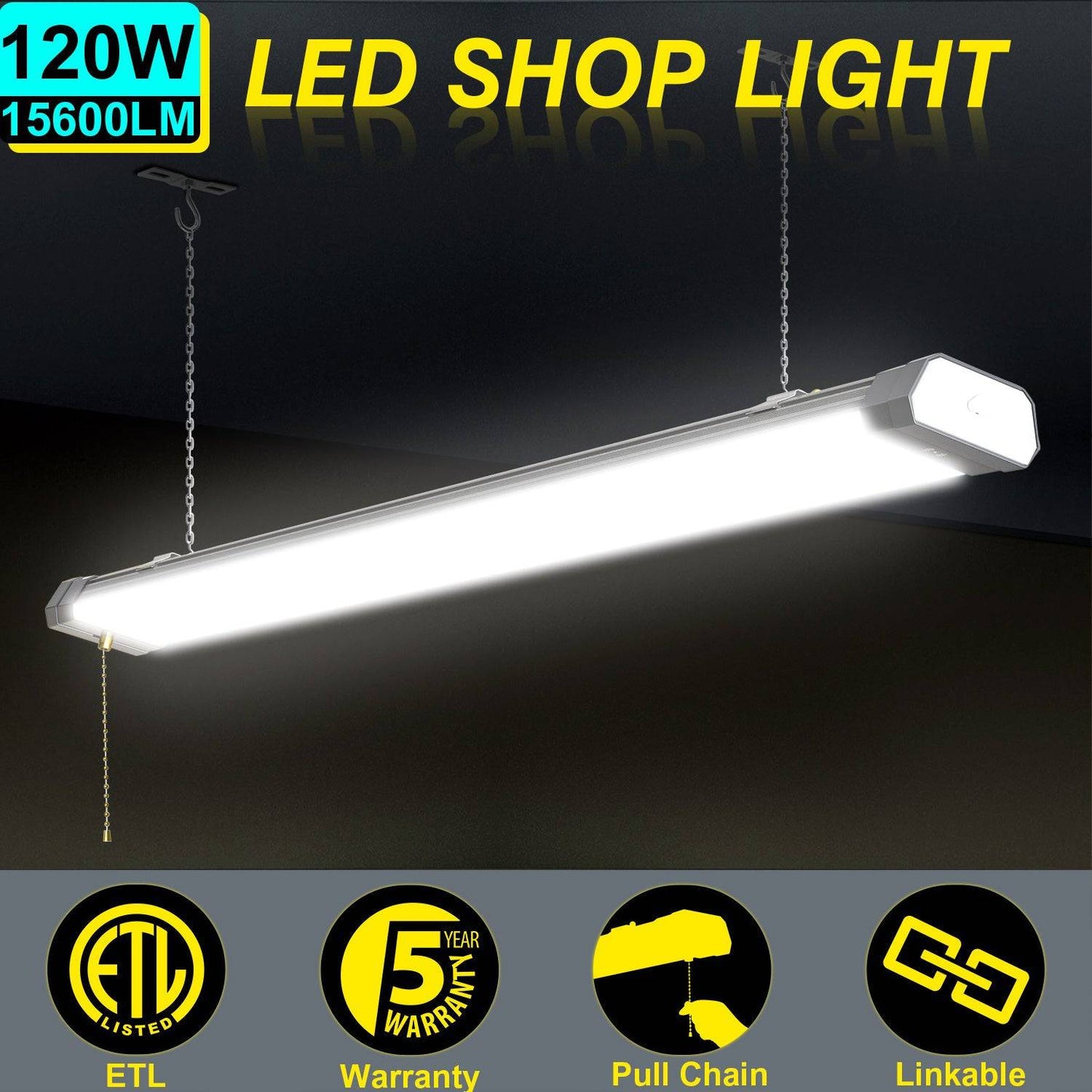 120W LED Shop Light, 4FT, 15600LM, 5000K, Linkable, With Plug, 120V±10%, ON/Off Pull Chain, Suspended & Flush Mount - Lumens Depot