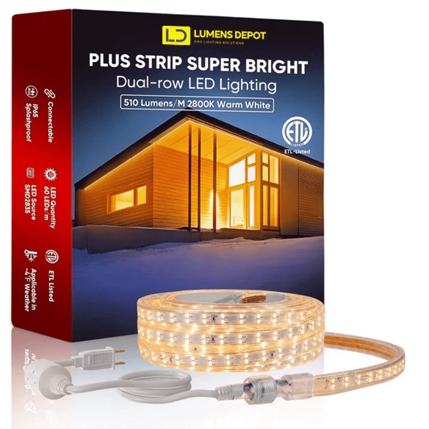 110V Super Bright Double Row Plus LED Strip, 2800K Warm White, 510 Lumens per Meter - Lumens Depot