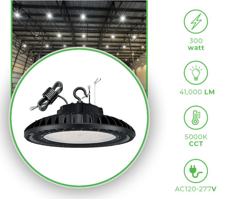 300W UFO LED High Bay Light - 41,000 Lumens, 5000K Daylight, Dimmable, IP65 Waterproof for Industrial and Commercial Use - Lumens Depot