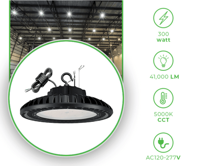 300W UFO LED High Bay Light - 41,000 Lumens, 5000K Daylight, Dimmable, IP65 Waterproof for Industrial and Commercial Use - Lumens Depot