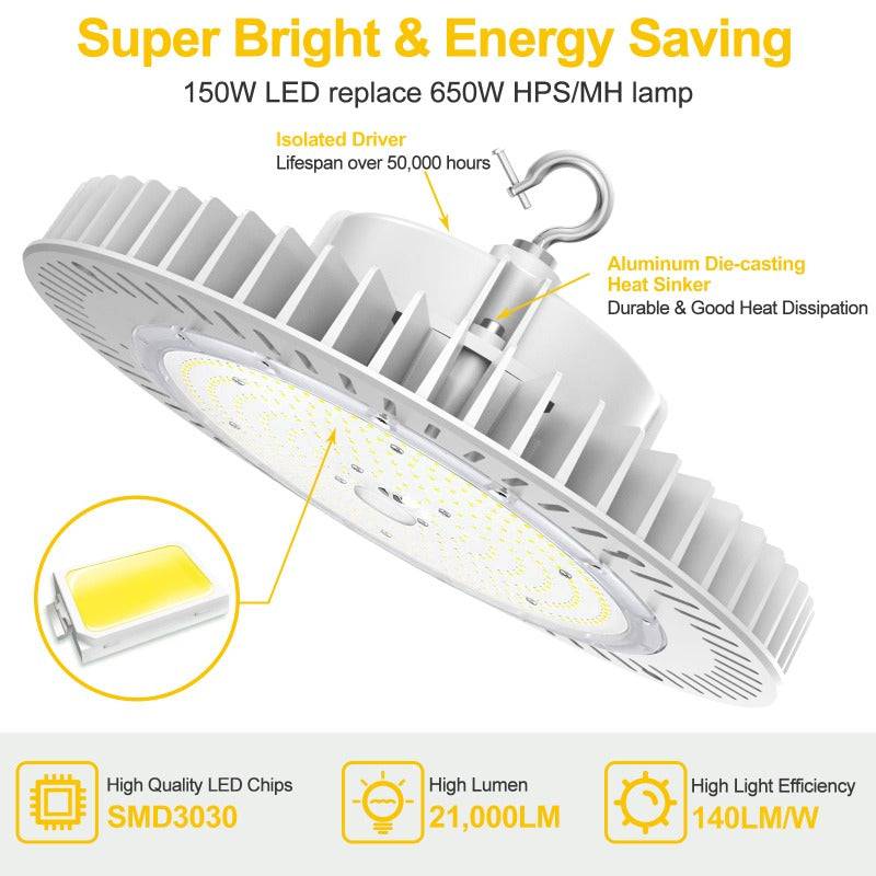 150W UFO High Bay LED Light – 22500 Lumens, 5000K Daylight, Dimmable, Energy-Efficient Commercial Lighting for Warehouses, Factories & Large Spaces - Lumens Depot