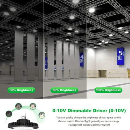 200W UFO High Bay LED Light – 30000 Lumens, 5000K Daylight,0-10V Dimmable, Energy-Efficient Commercial Lighting for Warehouses - Lumens Depot