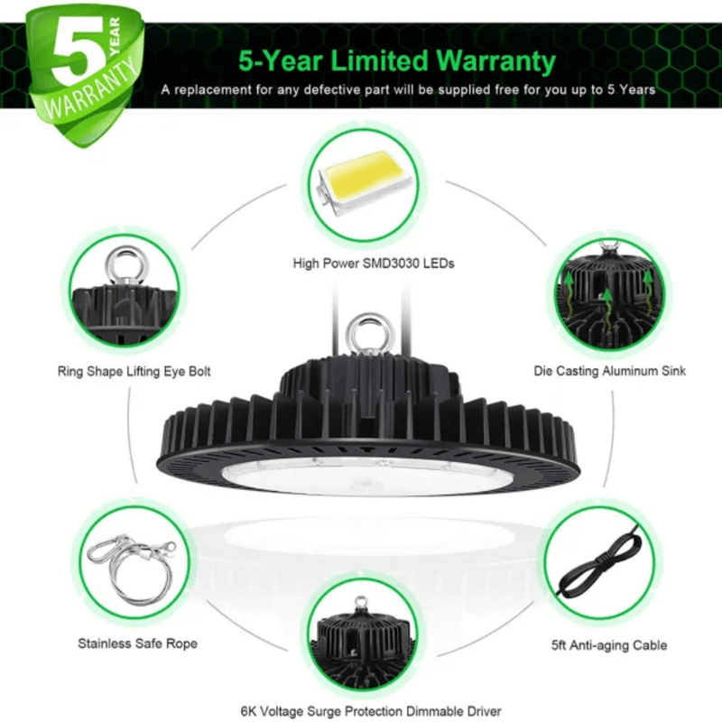 240W UFO LED High Bay Light - 36000 Lumens, 5000K Daylight White for Industrial Use - Lumens Depot