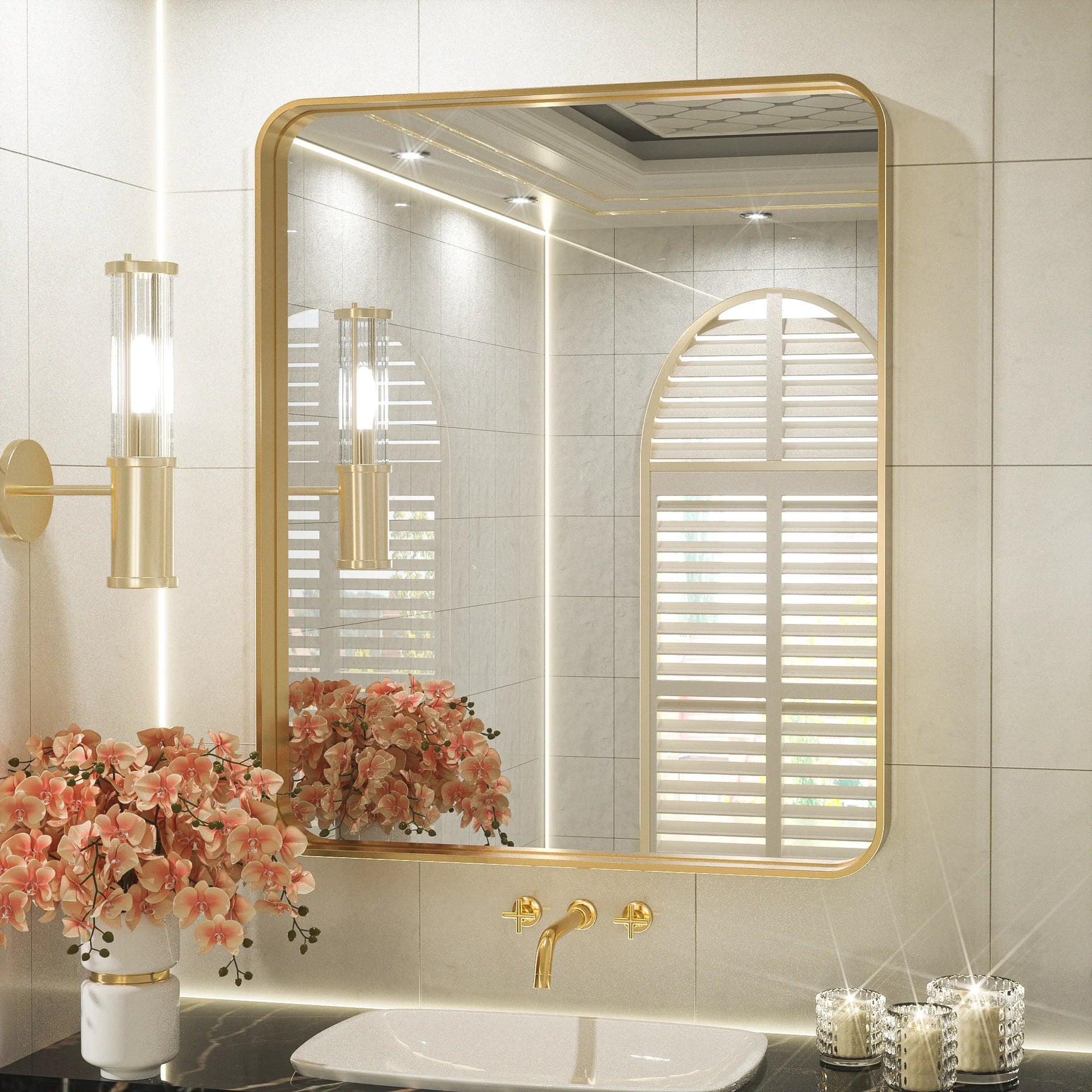 Gold Round Corner Metal Frame Mirror – Rectangular Wall Mirror with Shatterproof Glass - Vertical or Horizontal Mount – Modern Luxury Accent - Lumens Depot