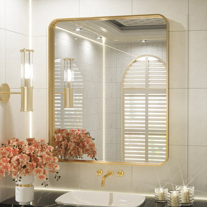 Gold Round Corner Metal Frame Mirror – Rectangular Wall Mirror with Shatterproof Glass - Vertical or Horizontal Mount – Modern Luxury Accent - Lumens Depot