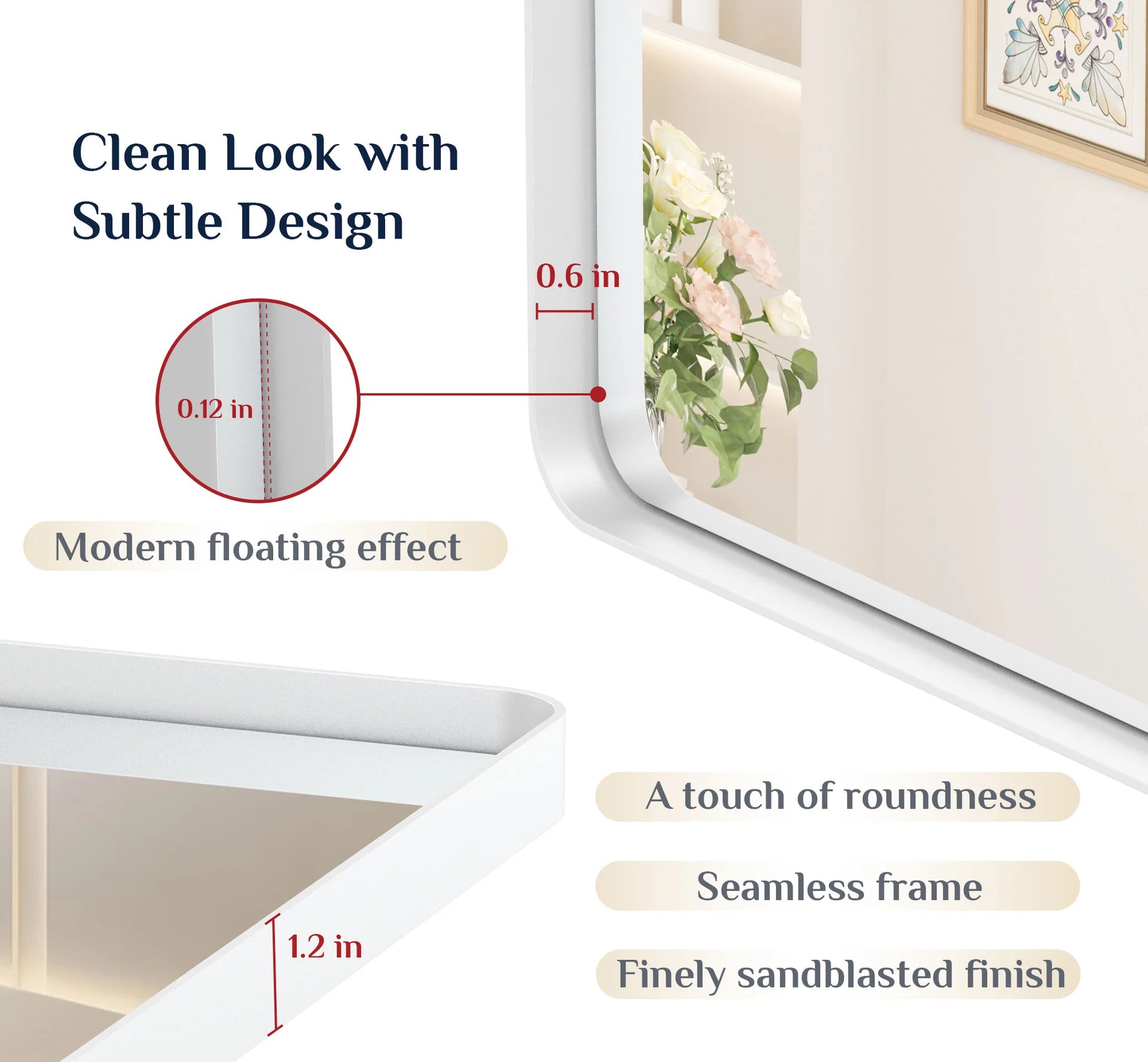 White Hard Corner Thin Frame Metal Mirror – Modern Rectangular Wall-Mounted Mirror with Shatterproof Copper-Free Glass - Lumens Depot