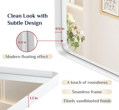 White Hard Corner Thin Frame Metal Mirror – Modern Rectangular Wall-Mounted Mirror with Shatterproof Copper-Free Glass - Lumens Depot