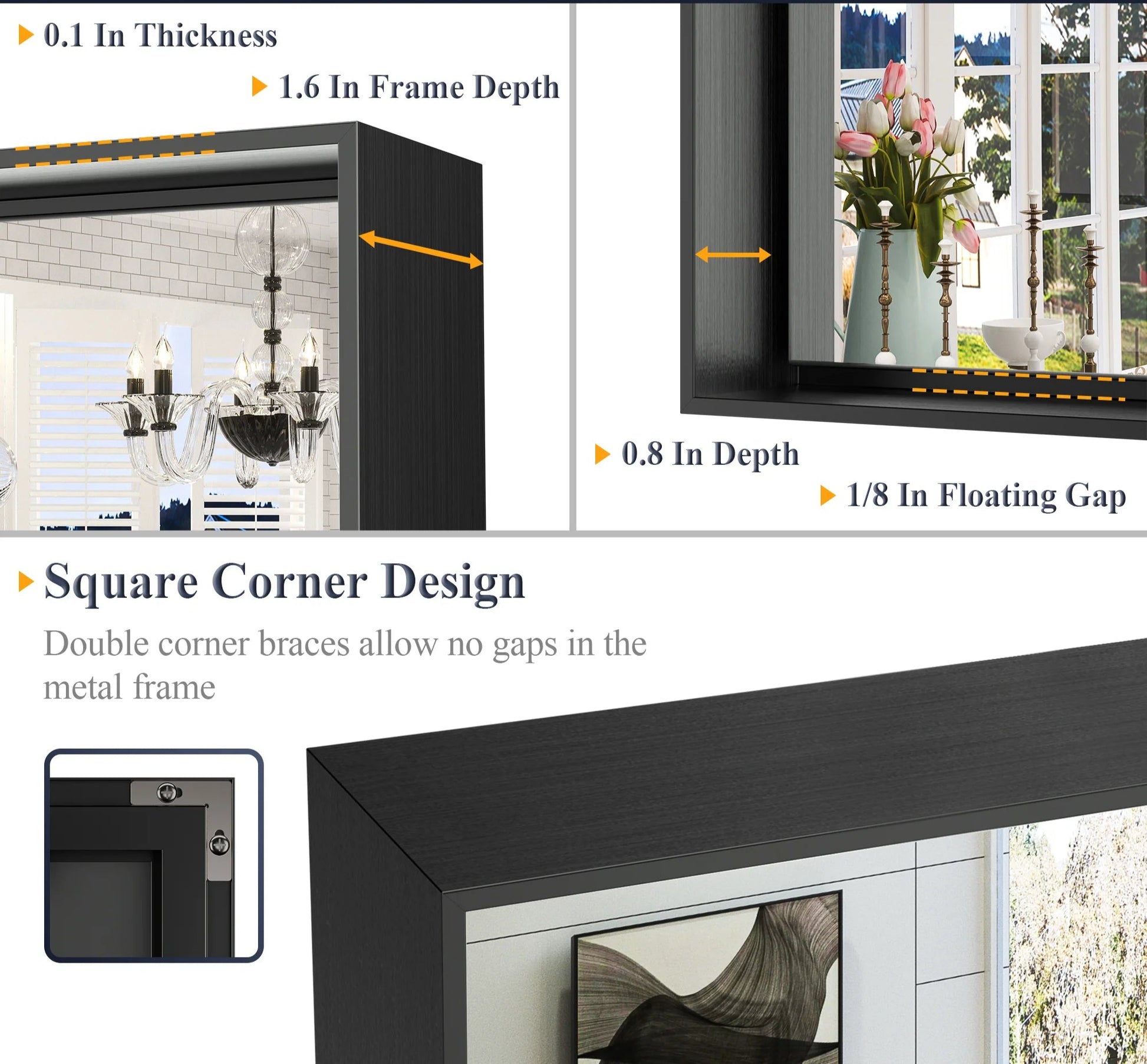 Black Hard Corner Metal Frame Mirror – Rectangular Wall Mirror with Shatterproof Copper-Free Glass - Vertical or Horizontal Mount - Lumens Depot