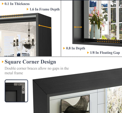 Black Hard Corner Metal Frame Mirror – Rectangular Wall Mirror with Shatterproof Copper-Free Glass - Vertical or Horizontal Mount - Lumens Depot
