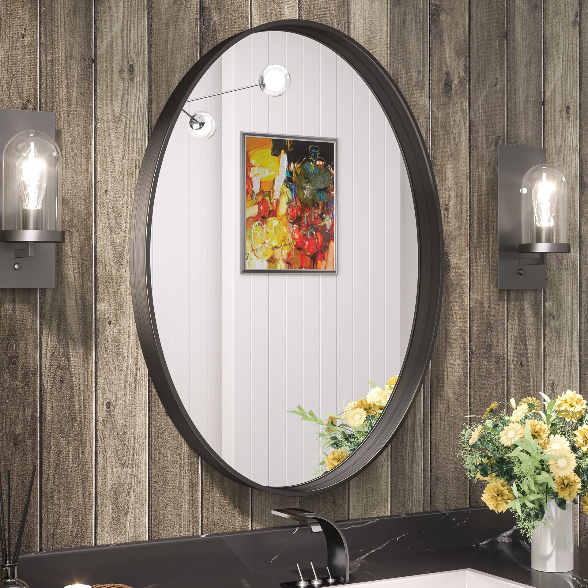 Black Oval Metal Frame Mirror – Modern Wall-Mounted Bathroom and Entryway Mirror - Lumens Depot
