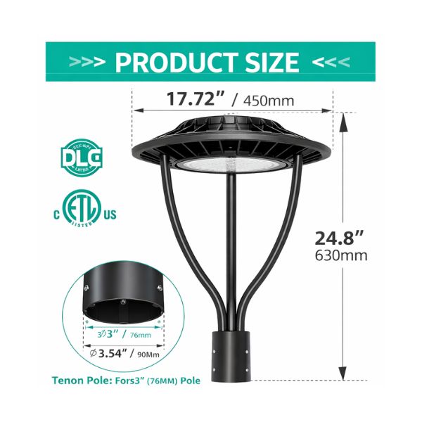 LED Post Top Light, Selectable 80W/60W/40W and CCT, 100-277 VAC, 11,200 Lumens - Lumens Depot