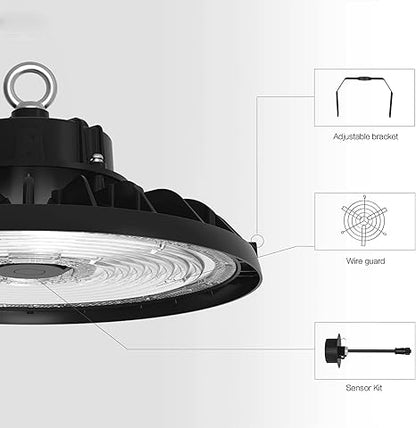 6FT Cord Dimmable Round LED High Bay Light – 240W/200W/150W - Energy-Efficient - High Lumen Output & Haisen 3-Pin Sensor Base - Lumens Depot