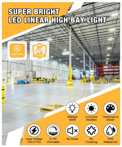 LED Linear High Bay Light, 3ft, 300W, CCT 5000K, 45,000 Lumens, 100-277V - Lumens Depot