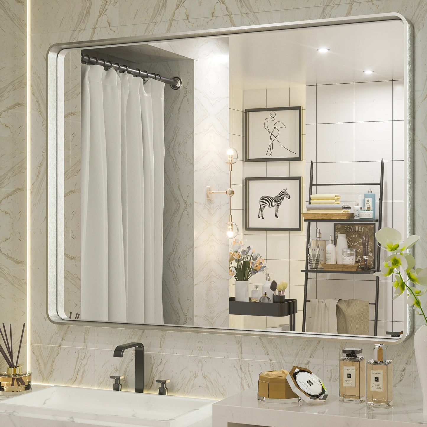 Silver Round Corner Metal Frame Mirror – Rectangular Wall Mirror with Polished Beveled Edge – Modern Vanity and Bathroom Mirror - Lumens Depot