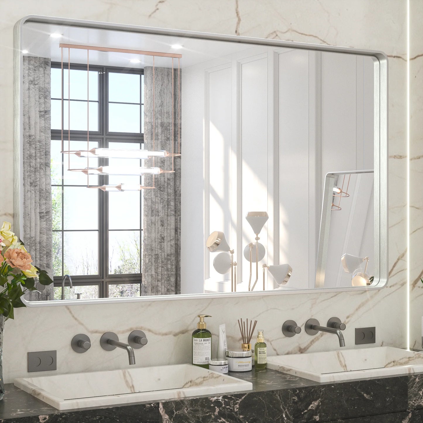 Silver Round Corner Metal Frame Mirror – Rectangular Wall Mirror with Polished Beveled Edge – Modern Vanity and Bathroom Mirror - Lumens Depot