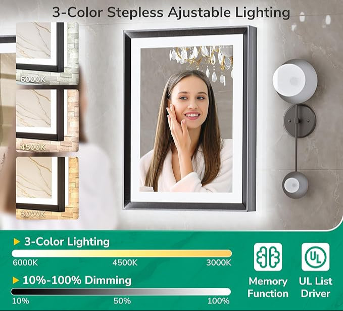 40x30 Black Frontlit LED Bathroom Mirror with 3 CCT – Dimmable - Anti-Fog - Metal Frame - Lumens Depot