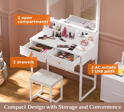 White Vanity Desk with Lighted Mirror and Chair – Makeup Vanity Set with 2 Drawers - Storage Shelves - USB Ports & Outlets – Compact Design for Small Spaces - Lumens Depot