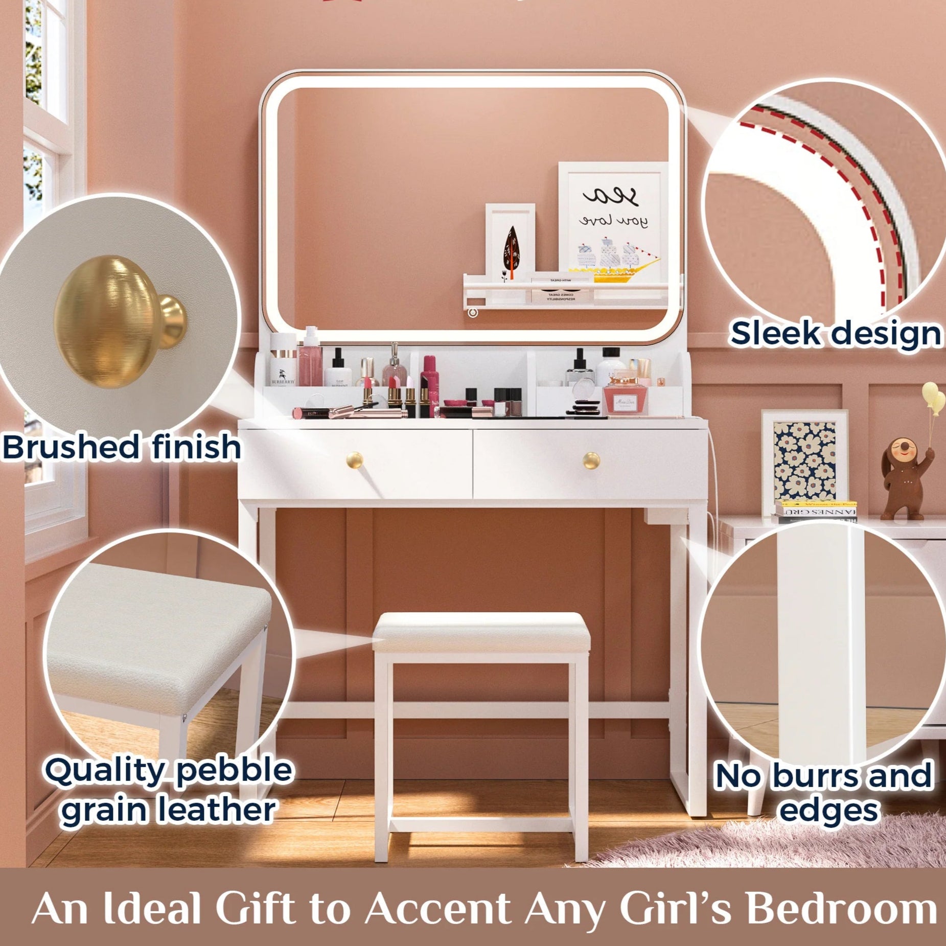White Vanity Desk with Lighted Mirror and Chair – Makeup Vanity Set with 2 Drawers - Storage Shelves - USB Ports & Outlets – Compact Design for Small Spaces - Lumens Depot