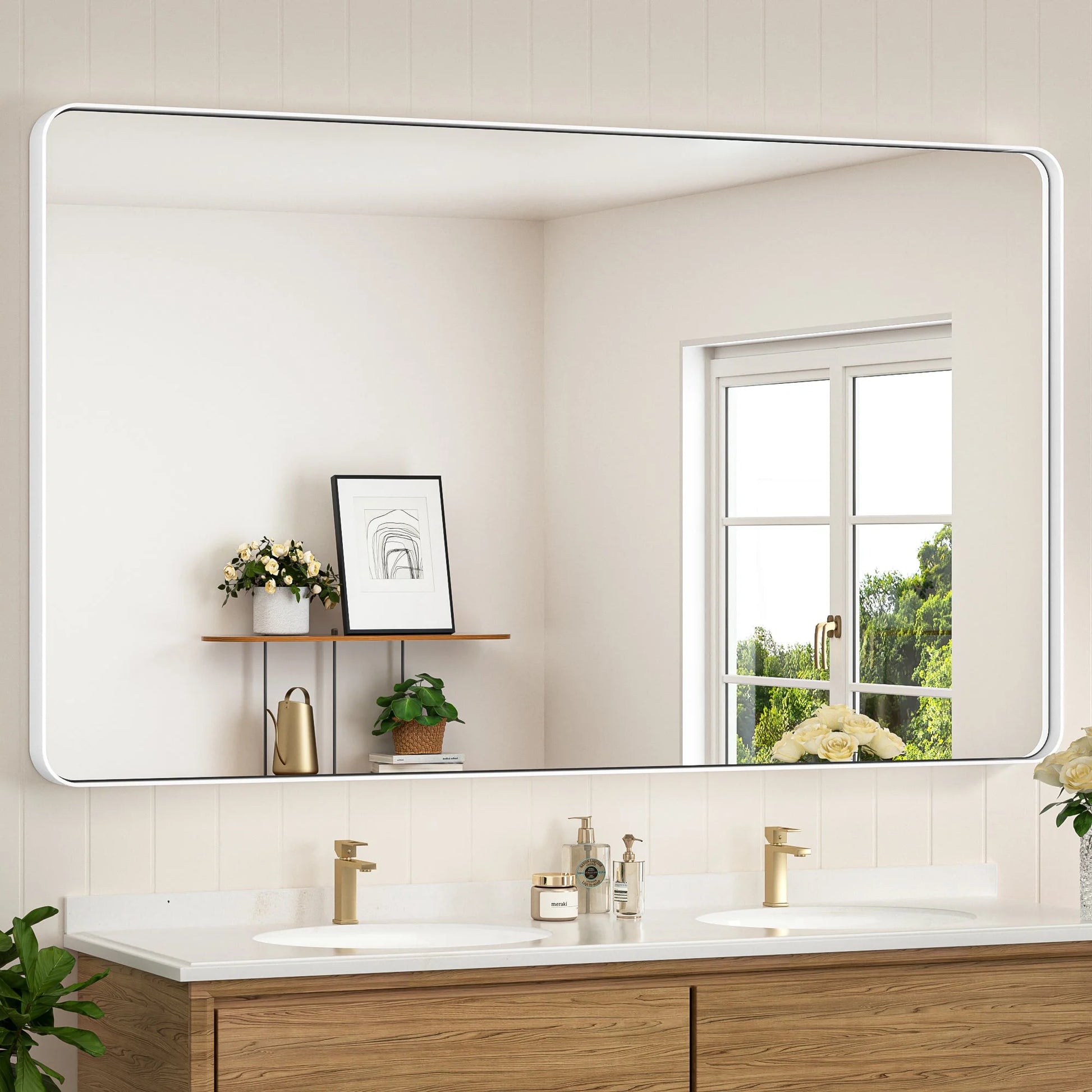 White Hard Corner Thin Frame Metal Mirror – Modern Wall-Mounted Bathroom - Bedroom - and Entryway Mirror - Lumens Depot
