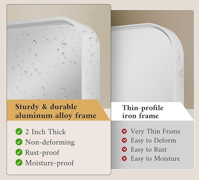 White Round Corner Metal Frame Mirror – Rectangular Wall Mirror with Shatterproof Copper-Free Glass - Vertical or Horizontal Mount – Modern Decorative Mirror - Lumens Depot