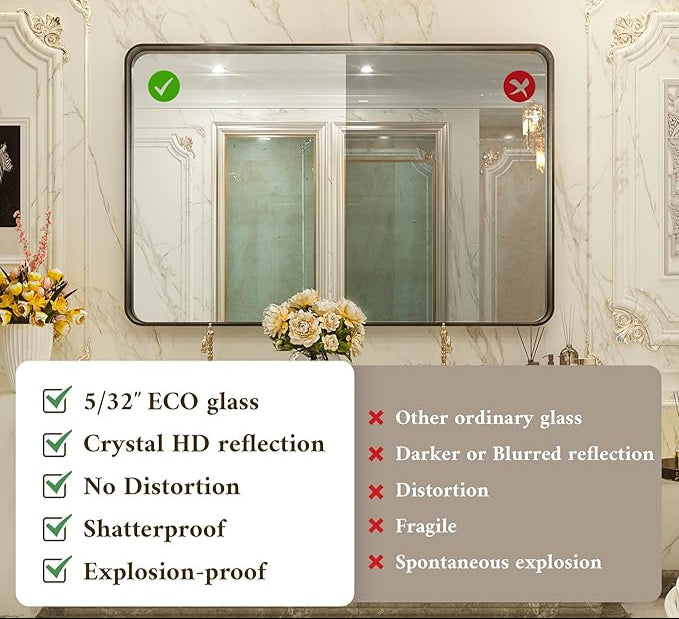 White Round Corner Metal Frame Mirror – Rectangular Wall Mirror with Shatterproof Copper-Free Glass - Vertical or Horizontal Mount – Modern Decorative Mirror - Lumens Depot