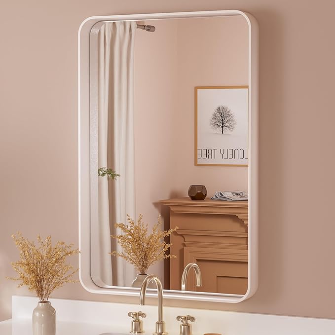 White Round Corner Metal Frame Mirror – Rectangular Wall Mirror with Shatterproof Copper-Free Glass - Vertical or Horizontal Mount – Modern Decorative Mirror - Lumens Depot