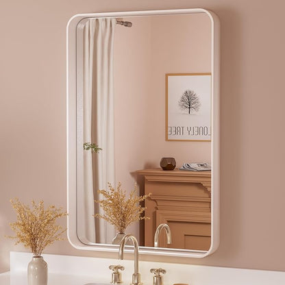 White Round Corner Metal Frame Mirror – Rectangular Wall Mirror with Shatterproof Copper-Free Glass - Vertical or Horizontal Mount – Modern Decorative Mirror - Lumens Depot