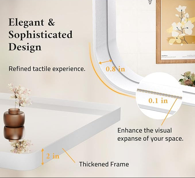 White Round Corner Metal Frame Mirror – Rectangular Wall Mirror with Shatterproof Copper-Free Glass - Vertical or Horizontal Mount – Modern Decorative Mirror - Lumens Depot