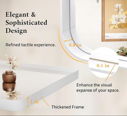 White Round Corner Metal Frame Mirror – Rectangular Wall Mirror with Shatterproof Copper-Free Glass - Vertical or Horizontal Mount – Modern Decorative Mirror - Lumens Depot