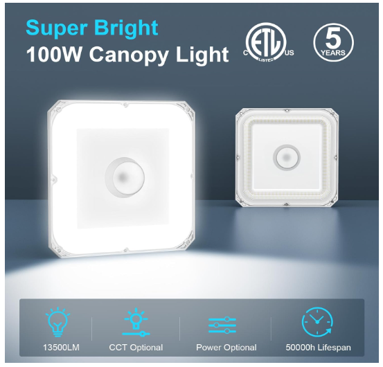 100W LED Canopy Light with Built-in Photocell, Wattage & CCT Selectable (100W/80W/60W, 4500K/5000K/5700K), 13,500LM, IP65 Waterproof, ETL DLC Listed, 100-277V for Gas Stations, Garages, and Shops - Lumens Depot