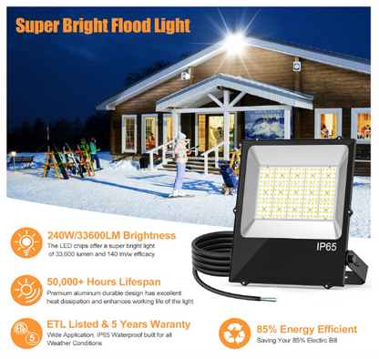 240W LED Flood Light, 33,600LM Super Bright Outdoor Security Light, 5000K Daylight, ETL Listed, Waterproof, 100-277V Commercial Area Lighting for Garage, Yard, Parking Lot - Lumens Depot