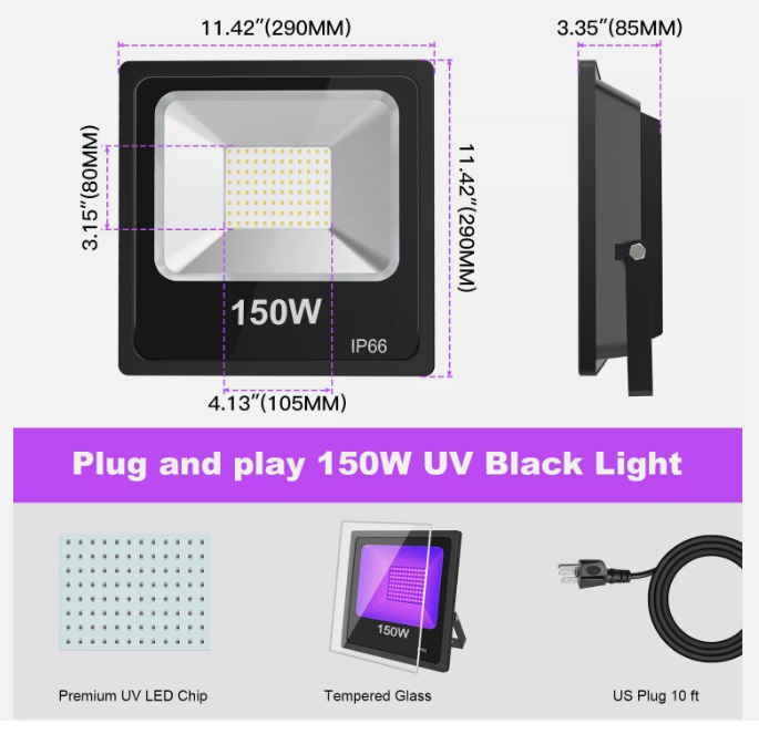 150W UV LED Black Light – IP66 Waterproof Blacklight for Glow Parties, Stage Lighting, Dance Events, Body Paint, Aquarium & Glow Posters – 10ft Power Cord, Plug & Glow Tape Included - Lumens Depot