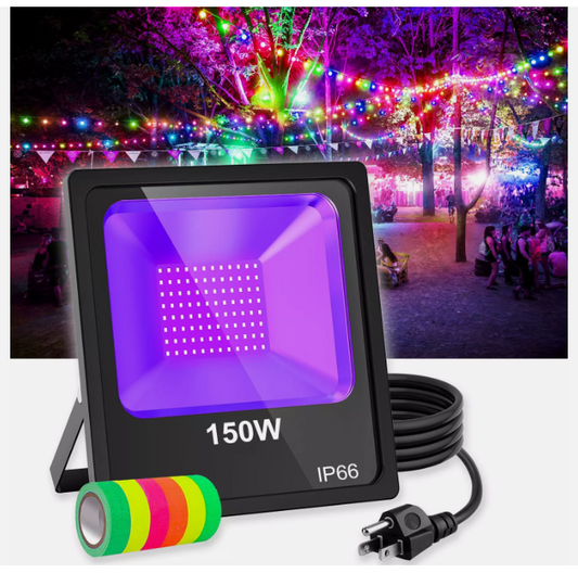 150W UV LED Black Light – IP66 Waterproof Blacklight for Glow Parties, Stage Lighting, Dance Events, Body Paint, Aquarium & Glow Posters – 10ft Power Cord, Plug & Glow Tape Included - Lumens Depot