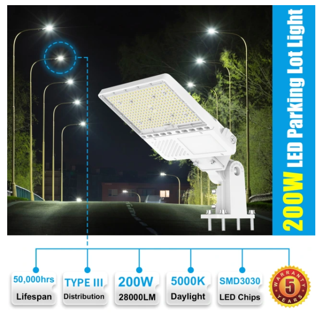 200W LED Parking Lot Light – 5000K IP65 Shoebox Pole Light with Built-in Photocell & All-in-One Pole Bracket – Trunnion & Slip Fitter Mount, 100-277V - Lumens Depot