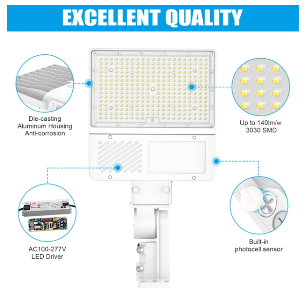 200W LED Parking Lot Light – 5000K IP65 Shoebox Pole Light with Built-in Photocell & All-in-One Pole Bracket – Trunnion & Slip Fitter Mount, 100-277V - Lumens Depot