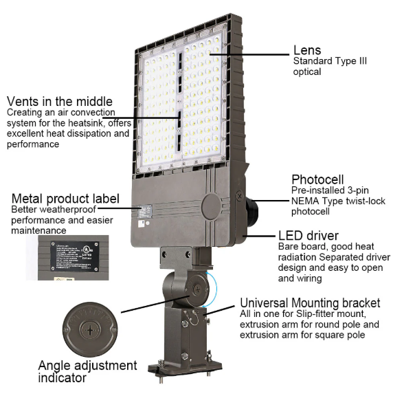 200W LED Parking Lot Light – 5000K IP65 Shoebox Pole Light with Built-in Photocell & All-in-One Pole Bracket – Trunnion & Slip Fitter Mount, 100-277V - Lumens Depot