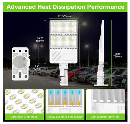 320W LED Shoebox Parking Lot Light with Photocell, UL DLC Listed, 48,000LM, 5000K, IP65, Commercial Area Pole & Flood Fixture, 100-277V, 3-in-1 Arm & Slip Fitter Mount - Lumens Depot