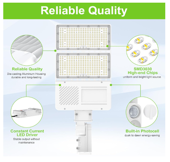 320W LED Shoebox Parking Lot Light with Photocell, UL DLC Listed, 48,000LM, 5000K, IP65, Commercial Area Pole & Flood Fixture, 100-277V, 3-in-1 Arm & Slip Fitter Mount - Lumens Depot