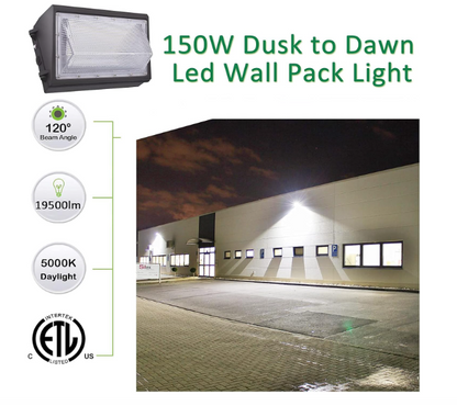 150W LED Wall Pack Light with Dusk-to-Dawn Photocell, 19,500LM, 5000K Daylight, AC100-277V, 900W HPS/HID Equivalent, Waterproof Commercial Security Light for Warehouses & Garages, ETL Listed - Lumens Depot