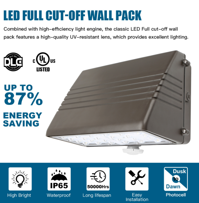 LED Full Cut-Off Wall Pack Light with Dusk-to-Dawn Photocell, Wattage Selectable (125W/100W/75W/50W), CCT Tunable (3000K/4000K/5000K), 120-277V, 0-10V Dimmable - Lumens Depot